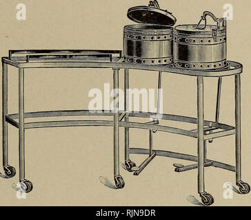 . Bactériologie et des techniques chirurgicales pour les infirmières. Soins infirmiers ; opérations chirurgicales, la chirurgie, la bactériologie. Préparation DU DOMAINE DE FONCTIONNEMENT 255 ou hors des murs de petites zones, devrait avoir un long morceau de ruban attaché, et à cela un forceps, de sorte que si l'on doit glisser hors de vue il peut être facilement localisé et récupéré sans manipulation indue de l'intestin. Après avoir été utilisée, les éponges sont mis dans une casserole ou un bassin, et ne doit pas être éliminé jusqu'à ce qu'ils ont été pris en compte avant de l'abdomen est fermé.. Fig. 199.-coiffeuse. Tout ce qui a été éliminé de l'organisme doit être placé dans un bassin d'un Banque D'Images