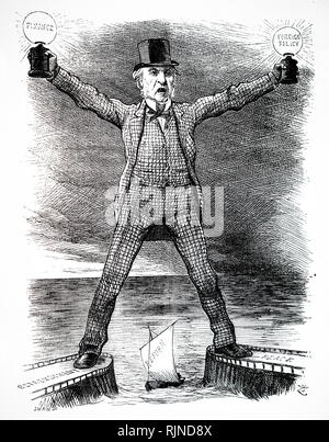 Une caricature représentant William Ewart Gladstone, chef de l'opposition libérale d'attaquer le gouvernement conservateur. Illustré par John Tenniel. En date du 19e siècle Banque D'Images