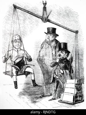 Une caricature montrant John Bull et M. Punch pesant le premier ministre Palmerston, et le trouvant trop léger pour son travail. En date du 19e siècle Banque D'Images