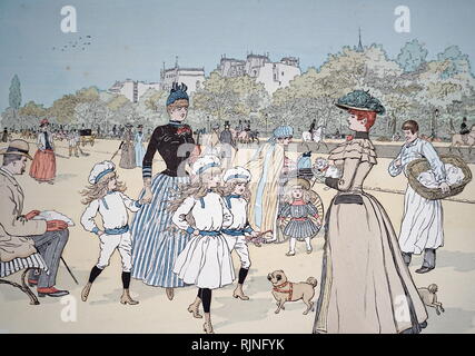 Une caricature montrant un matin dans l'Avenue du Bois : La dame avec ses chiens et la mère avec sa famille. Illustré par Mars. En date du 19e siècle Banque D'Images