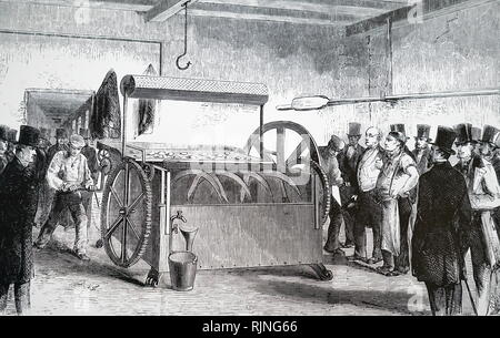Une gravure représentant Stevens' pain ABC faisant la machine à l'essai à Marylebone Workhouse. En date du 19e siècle Banque D'Images