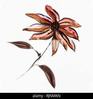 La formation en dessin sumi-e (suibokuga) style - poinsettia fleur beige par brown aquarelles sur papier blanc Banque D'Images