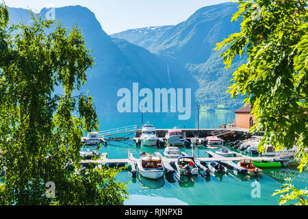 Regarder à travers les arbres pour rangées de bateaux amarrés, Hoyheimsvik, Lusterfjord, Norvège, Europe Banque D'Images