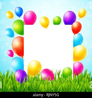 Carte de souhaits avec feuille de papier et de ballons colorés on Green grass vector Illustration de Vecteur