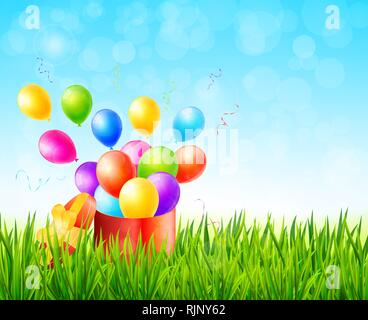 Carte de souhaits avec boîte-cadeau et de ballons colorés on Green grass vector Illustration de Vecteur