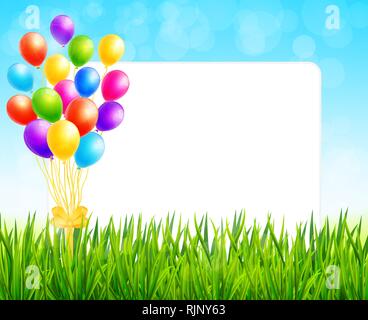 Carte de souhaits avec feuille de papier et de ballons colorés on Green grass vector Illustration de Vecteur