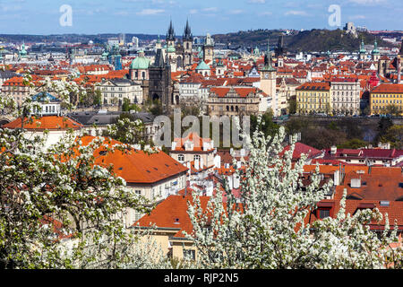 Paysage urbain de Prague surplombant les toits de tuiles rouges de Mala Strana et la vieille ville depuis le Petrín centre-ville florissant de Prague République tchèque Spring Europe Banque D'Images