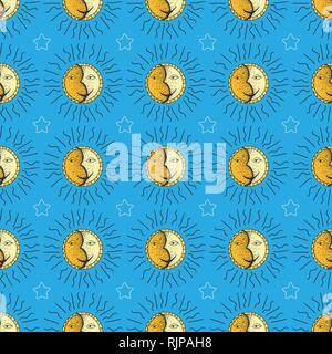 Doodle motif. Le style le dessin à la main. Soleil et lune dessinés à la main, modèle sans couture. Illustration de Vecteur