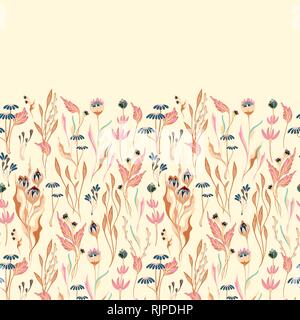 Vector floral seamless border. Herbes et fleurs sauvages. Illustration botanique leur gravure. Motif coloré sur fond beige Illustration de Vecteur