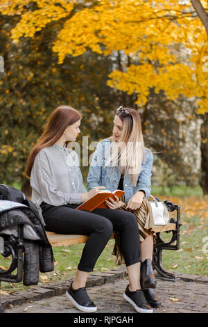 Prenez des notes pendant que les copines assis sur un banc dans le parc en automne Banque D'Images