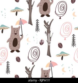 Bois scandinave avec motif transparent Cute Bear et d'autres éléments de la forêt. Vector illustration. Illustration de Vecteur