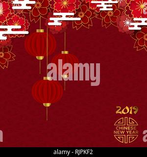 Le Nouvel An chinois du cochon 2019 illustration. Fond rouge avec des lanternes traditionnelles asiatiques et de prunier fleurs en papier multicouche d'or. Illustration de Vecteur