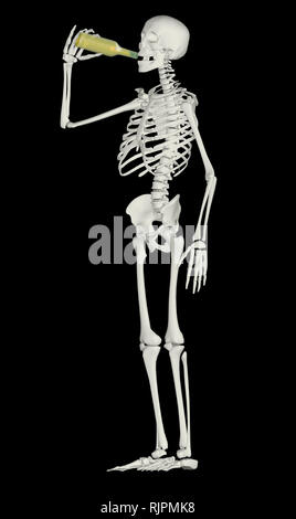 Homme scheleton tout en verre sur bouteille, isolé sur fond noir 3d illustration Banque D'Images