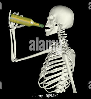 Homme scheleton tout en verre sur bouteille, isolé sur fond noir 3d illustration Banque D'Images