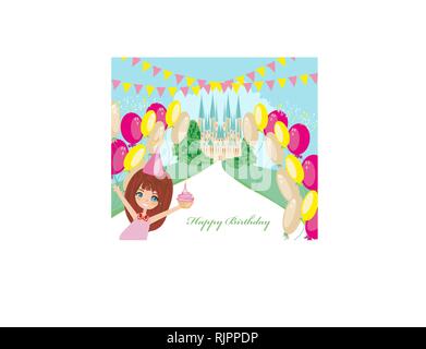 Carte d'anniversaire avec fille douce et château de conte de fées Illustration de Vecteur