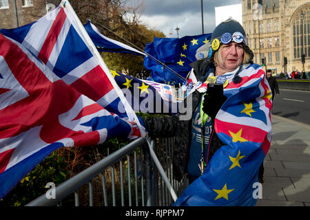 London.Westminster. Le 7 février 2019. Une femme enveloppée dans un drapeau, la moitié moitié, Union Jack drapeau européen proteste contre de quitter l'Union européenne. Banque D'Images