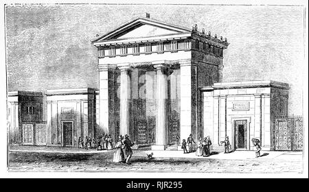 Le portique d'entrée principale, connue sous le nom de l'Euston Arch conçu par Philip Hardwick a été conçue pour symboliser l'arrivée d'un nouveau système de transport ainsi que d'être vu comme "la porte du nord" et a été terminé en mai 1838. L'arch distinctif marqué l'entrée de la gare de Euston, le premier terminal ferroviaire intercity à Londres, prévu par George et Robert Stephenson, et ouvert comme terminus de Londres et de Birmingham Railway (L&BR). Banque D'Images