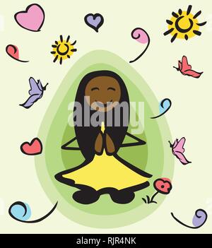 African-american female stick personne assise en position du lotus et méditer. Autour de son aura verte est un positif et éléments. Illustration de Vecteur