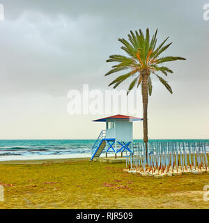 Plage avec palmier et tour de garde de la vie en basse saison, Larnaca, Chypre Banque D'Images