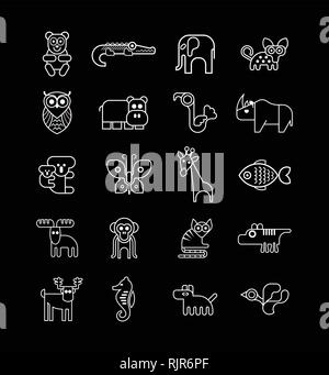 Contours blancs sur fond noir Animaux vector icon set. Illustration de Vecteur