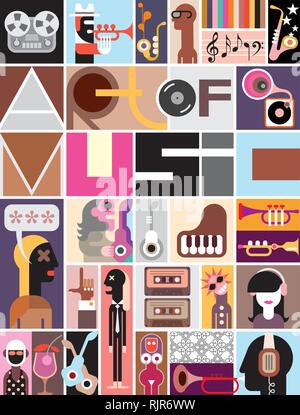 Encore de collage d'images diverses - vector illustration colorée avec du texte de "l'Art de la musique". Illustration de Vecteur