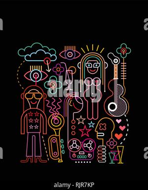 Néon art abstrait composition sur fond noir. Music party - vector illustration. Illustration de Vecteur