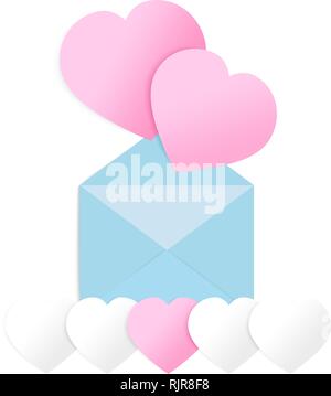 Saint Valentin coeurs avec carte postale. Coupe papier éléments sur fond blanc. Symboles vectoriels d'amour en forme de coeur pour Happy Women's, Mother's Illustration de Vecteur