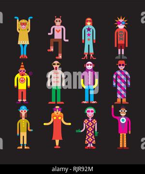 Douze personnages loufoques portant des lunettes de soleil - vector illustration sur fond noir. Illustration de Vecteur