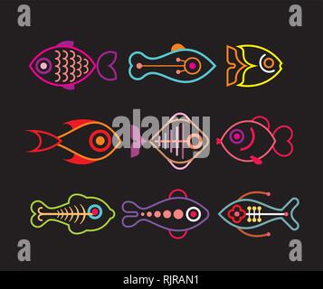 Les poissons d'Aquarium - ensemble d'icônes vectorielles. Isolé sur fond noir. Peut être utilisé comme logo. Illustration de Vecteur
