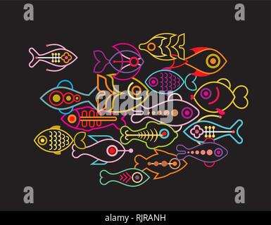 Les poissons d'Aquarium - vector illustration isolé sur fond noir. Banc de poissons. Illustration de Vecteur