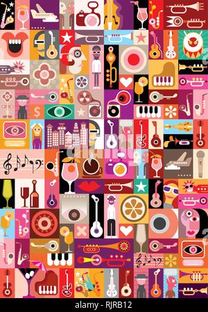 Art collage, vector illustration musicale. Fond d'écran transparent patchwork. Illustration de Vecteur