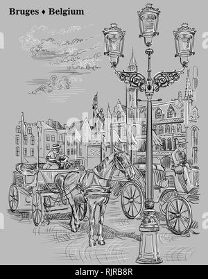 Vue sur Grote Markt avec les chevaux, les voitures et les lanternes dans la ville médiévale de Bruges, Belgique. Vector illustration dessin à la main en noir et blanc c Illustration de Vecteur