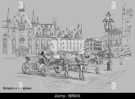 Vue sur Grote Markt avec les chevaux, les voitures et les lanternes dans la ville médiévale de Bruges, Belgique. Vector illustration dessin à la main en noir et blanc c Illustration de Vecteur