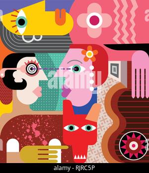 Trois femmes avec un gros chien sale deux femmes à la recherche dans les yeux de chacun. Fine art moderne illustration vectorielle. Illustration de Vecteur