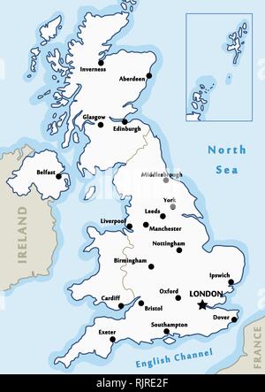 Royaume-uni map vector - grandes villes indiquées sur la carte du Royaume-Uni. Illustration de Vecteur
