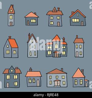 Caricature de nuit accueil set - doodle mignon vecteur illustration de style. Illustration de Vecteur