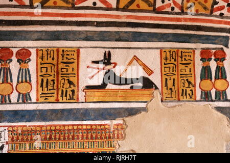 Peinture murale représentant Anubis ; à l'intérieur de la tombe thébaine de Roy (TT255), à Dra Abou el-Naga. Il fait partie de la nécropole thébaine, située sur la rive ouest du Nil face à Louxor. Le sépulcre est la sépulture de, Roy, qui a vécu à la fin de la xviiie dynastie, sous le règne d'Horemheb. Roy était un scribe royal dans la succession d'Horemheb et d'Amon. Sa femme, qui s'affiche avec lui dans le tombeau de peintures, est nommé comme Nebtawy ou 'Tawy" Banque D'Images