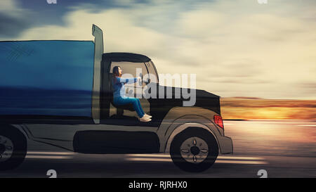 Certain jeune femme au volant d'un camion dessin animé le transport sur une route imaginaire. Camion imaginaire sur autoroute. Banque D'Images