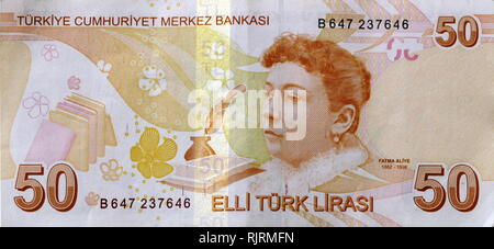 Cri 50 billets turcs représentant, Fatma Aliye Topuz (1862 -1936), l'écrivain turc, Banque D'Images