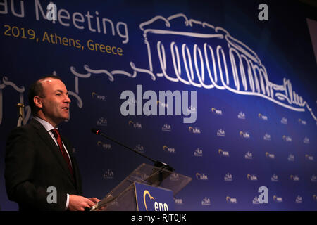 Athènes, Grèce. 7 Février, 2019. Manfred Weber, président du Parti Populaire Européen (PPE) au Parlement européen, s'adresse à la réunion d'EEP à Athènes, Grèce, le 7 février 2019. La création de nouveaux postes de travail dans l'Union européenne pour soutenir la croissance est une priorité absolue pour le Parti populaire européen (PPE), Weber a déclaré jeudi à Athènes. Credit : Marios Lolos/Xinhua/Alamy Live News Banque D'Images