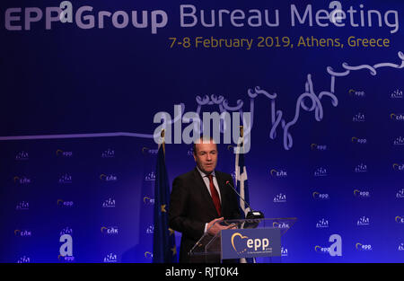 Athènes, Grèce. 7 Février, 2019. Manfred Weber, président du Parti Populaire Européen (PPE) au Parlement européen, s'adresse à la réunion d'EEP à Athènes, Grèce, le 7 février 2019. La création de nouveaux postes de travail dans l'Union européenne pour soutenir la croissance est une priorité absolue pour le Parti populaire européen (PPE), Weber a déclaré jeudi à Athènes. Credit : Marios Lolos/Xinhua/Alamy Live News Banque D'Images