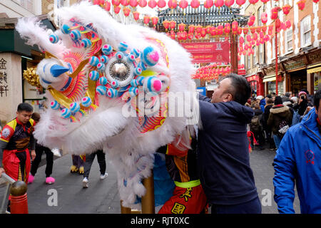 Londres, Royaume-Uni. 7 Février, 2019. Les préparatifs au China Town à Londres pour célébrer l'année du cochon, qui aura lieu dimanche le 10 mai. Credit : Yanice Idir/Alamy Live News Banque D'Images