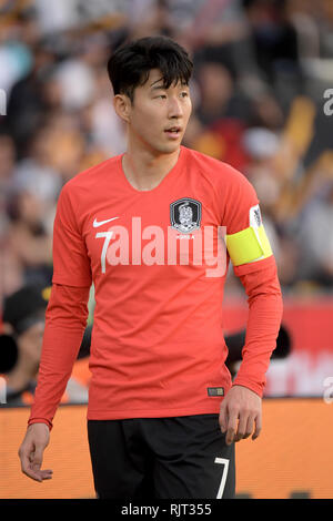 Fils de la Corée du Sud au cours de l'Heung-Min déroulées d eau match quart 2019 entre la Corée du Sud 0-1 Qatar au Zayed Sports City Stadium à Abu Dhabi, Émirats arabes unis, le 25 janvier 2019. Credit : EXTRÊME-ORIENT PRESSE/AFLO/Alamy Live News Banque D'Images