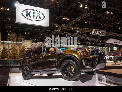 Chicago, USA. 7 Février, 2019. Le tout nouveau Kia Motors USA 2020 Telluride est perçu au cours de l'auto de Chicago 2019 Aperçu du média au McCormick Place à Chicago, aux États-Unis, les 7, 2019. La 111e Chicago Auto Show, le plus important aux États-Unis, a débuté jeudi avec près de 50 constructeurs présentant près de 1 000 véhicules au McCormick Place cette année. Crédit : Joel Lerner/Xinhua/Alamy Live News Banque D'Images