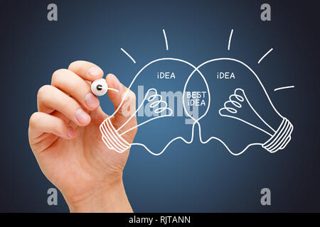 Dessin à la main Meilleure idée concept ampoules avec marqueur blanc. La collaboration d'équipe fait les meilleures idées.
