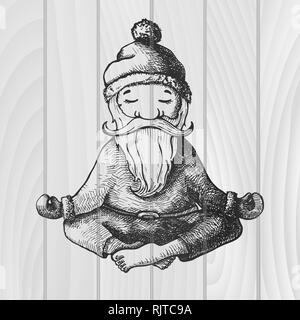 Le Père Noël se trouve dans une position du lotus, engagés dans le yoga. Vector illustration. Faites à la main. Sketch isolé sur fond de bois. Illustration de Vecteur