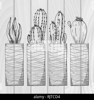Croquis de plantes grasses dans des pots. Vector illustration d'un croquis de style. Illustration de Vecteur
