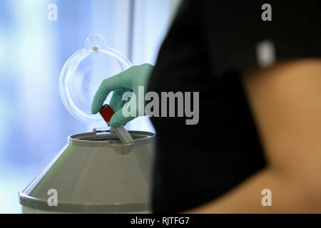 Détails avec la main d'un médecin, le port de gant de chirurgie en caoutchouc et mise en place d'un flacon dans une centrifugeuse pour extraire le plasma sanguin Banque D'Images