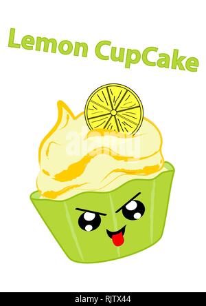 Cupcake au citron avec un visage effronté en style kawaii. Graphique vectoriel EPS 10 Illustration de Vecteur