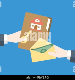 Businessman Hand accorde un rôle d'autre part avec l'argent comptant pour la maison, de l'Immobilier Concept-Vector modèle plat Illustration de Vecteur